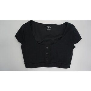 Alo Women Crop Top Size S Built-in Bra Decorative Buttons Cap Sleeve Pullover